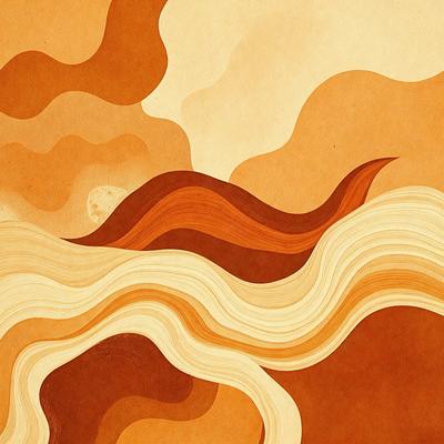The primary subject of the image is a painting of a sunset, featuring a sunset with a mountain in the background. The setting is a beach, and the visual style is a combination of digital art and illustration. The dominant colors in the painting are orange and brown, creating a warm and serene atmosphere.